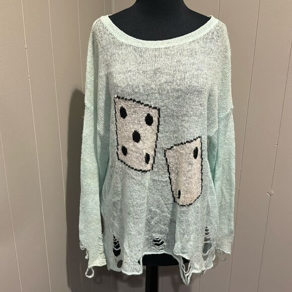 Wildfox White Label mint dice graphic lightweight shredded hem sweater. Small. - Picture 3 of 10